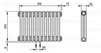 Схема (чертеж) Радиатор Zehnder Charleston 2060/11 №3470 Белый глянцевый RAL 9016
